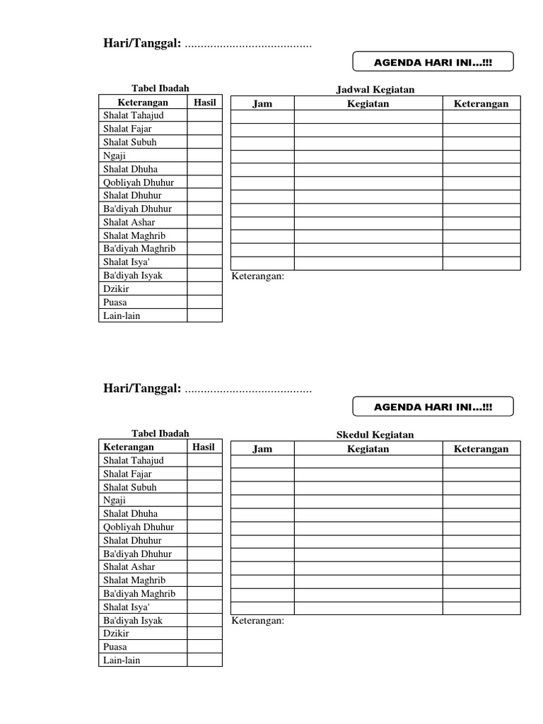 Agenda Harian Ibadah Tabel Pdf