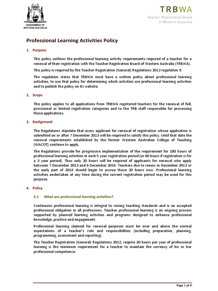 TRBWA Professional Learning Policy | PDF | Professional Development ...