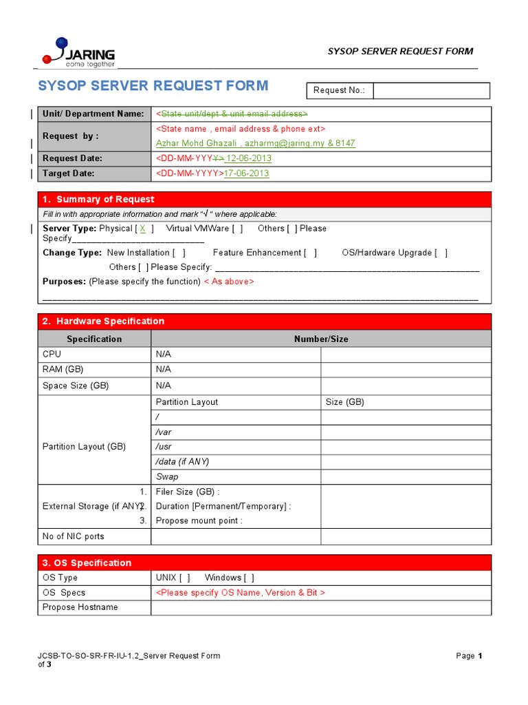 JCSB To So SR FR Iu 1.2 - Server Request Form New | PDF