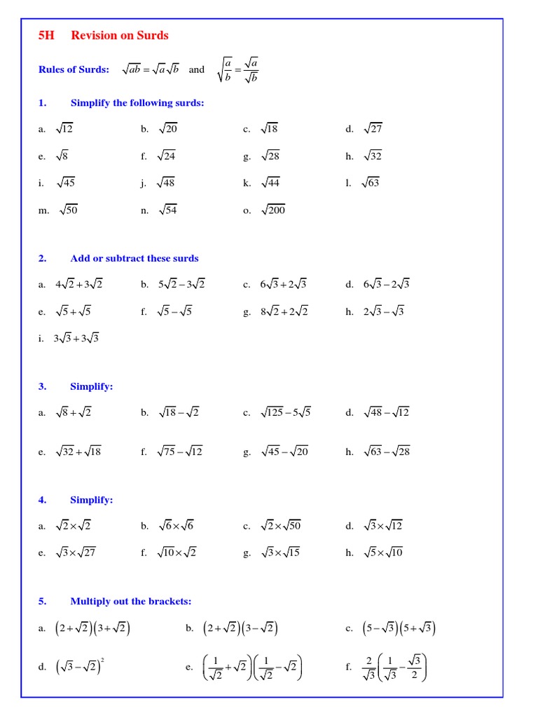 Worksheet On Surds Pertaining To Rationalizing The Denominator Worksheet