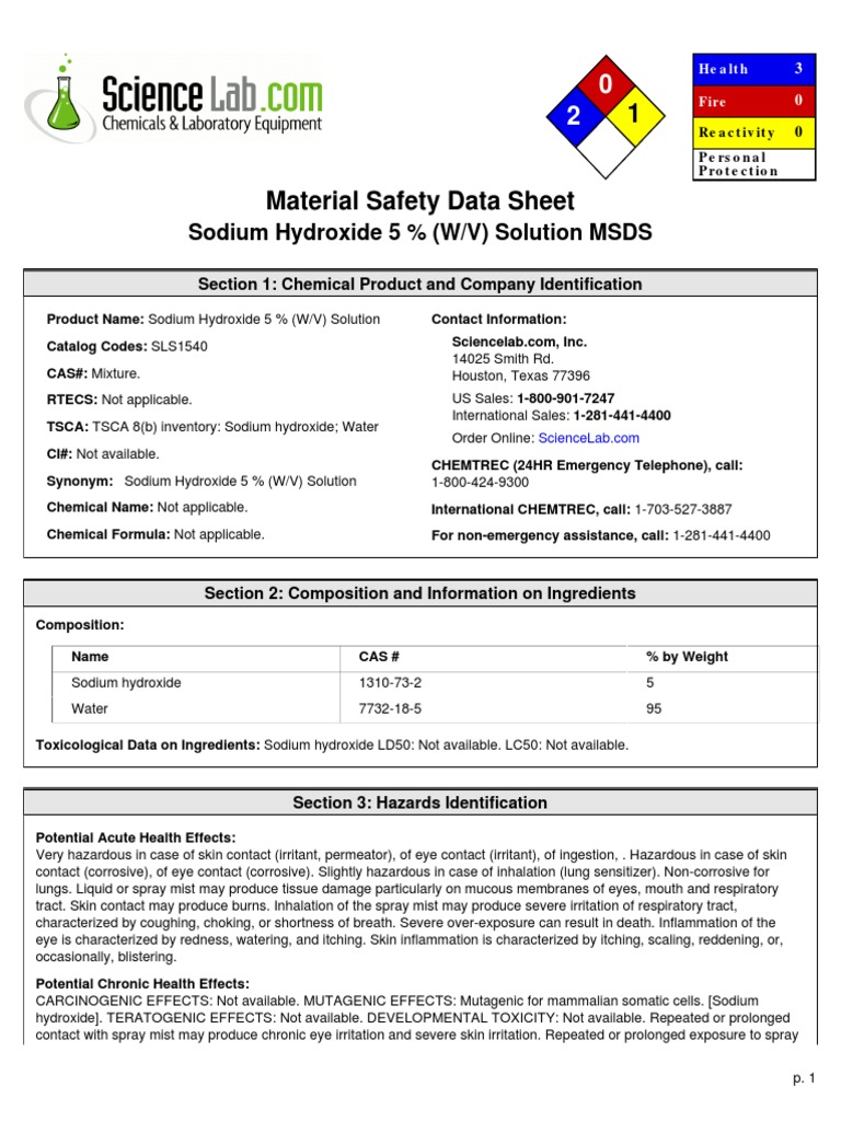 msds naoh 5 Sodium Hydroxide Dangerous Goods