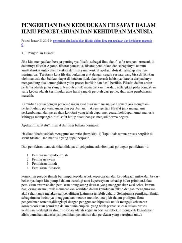 Pengertian Dan Kedudukan Filsafat Dalam Ilmu Pengetahuan Dan Kehidupan