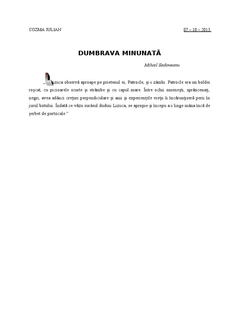 Rezumat Dumbrava Minunata DUMBRAVA MINUNATĂ