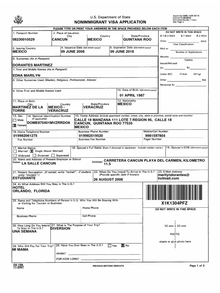 Nonimmigrant Visa Application Supplement | PDF