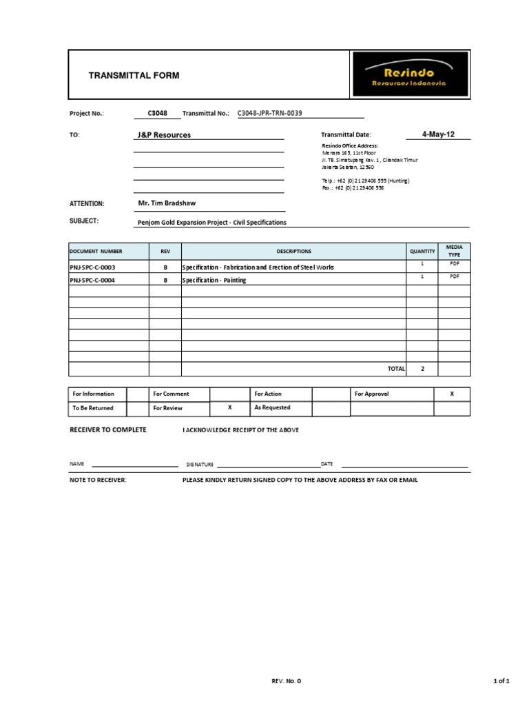 Transmittal Form: Project No.: Transmittal No. | PDF