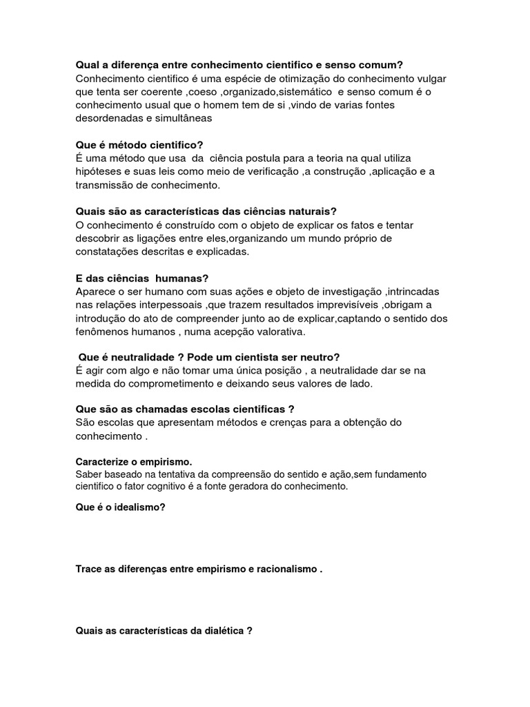 Diferenças entre Senso Comum e Conhecimento Científico | PDF | Science ...