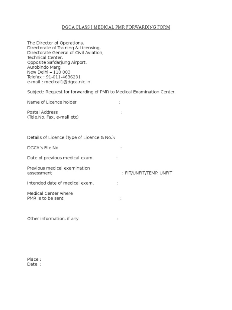 Dgca Class I Medical PMR Forwarding Form WWW - Victortango.in | PDF