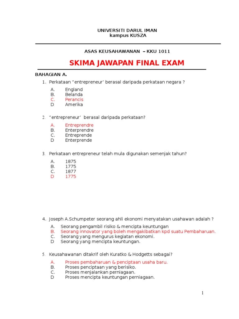 Skima Final asas keusahawanan KKU1011