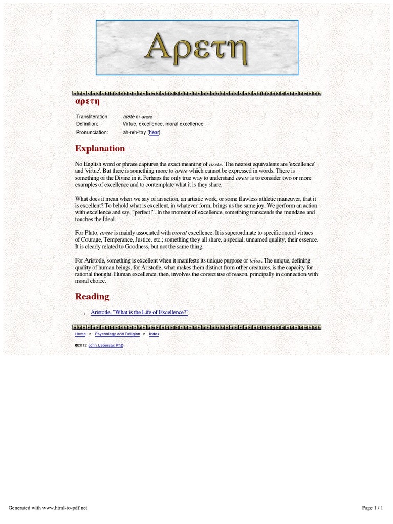 Arete (Excellence, Virtue) | PDF