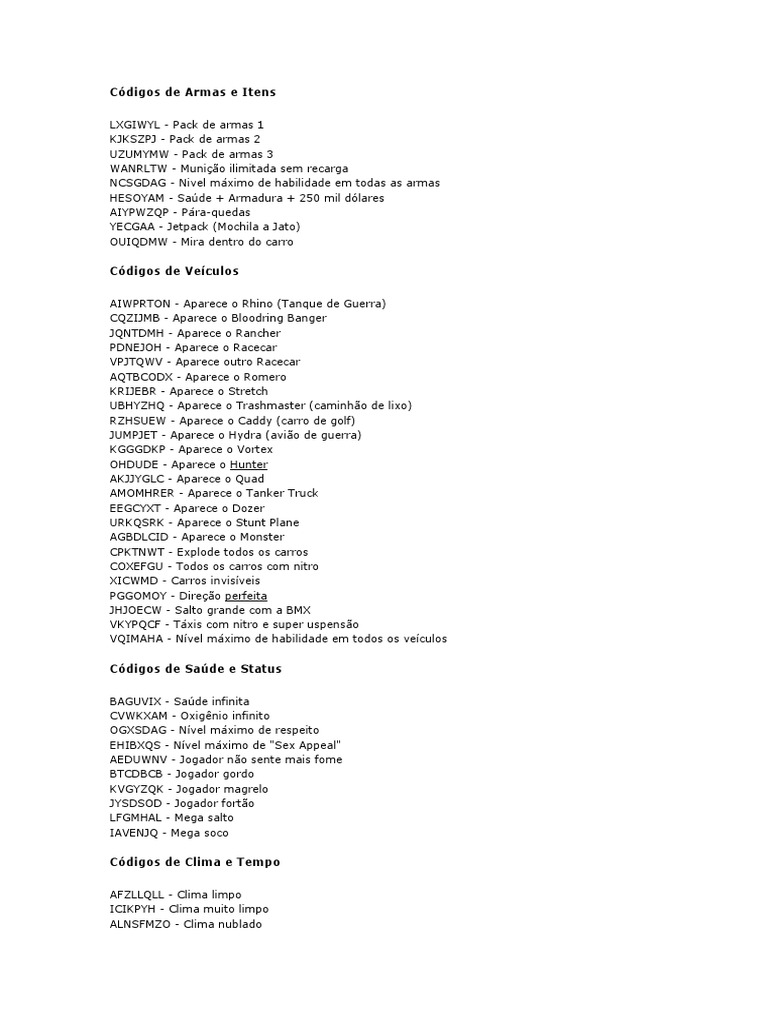 Codigos GTA SA PC | PDF | Tráfego | Indústrias, image size:768x1024