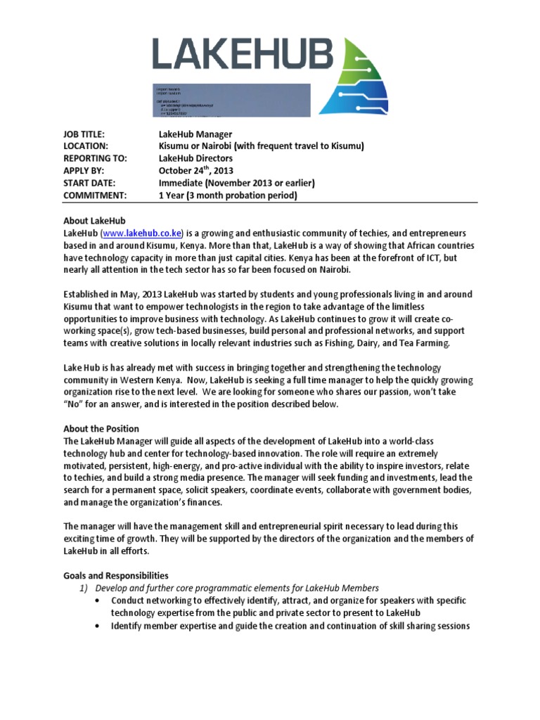 Lake Hub Manager Job Description Final PDF Entrepreneurship Kenya