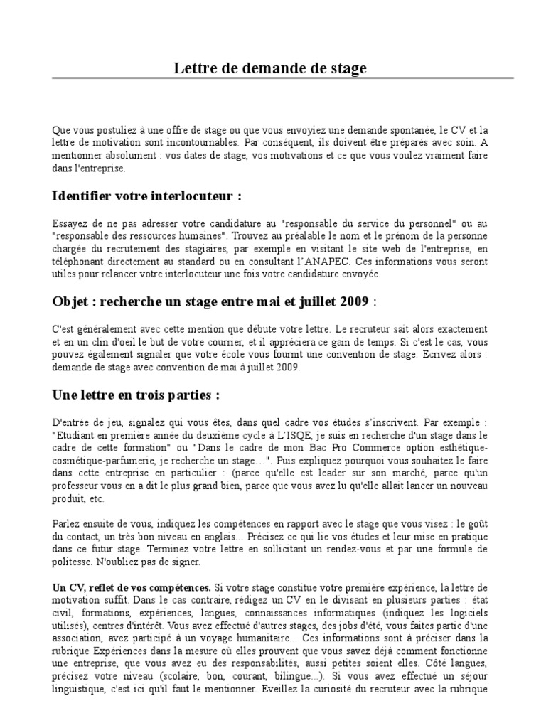 Lettre De Demande De Stage Et Lettre De Motivation Pdf Motivation Motivationnel