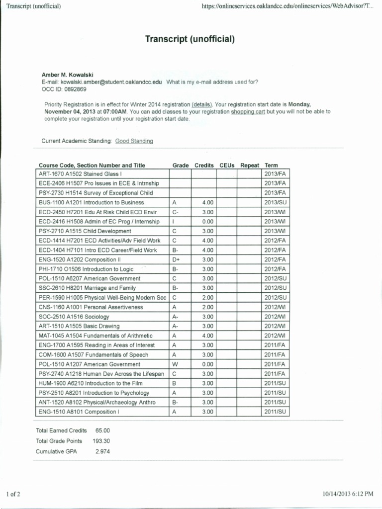 Unofficial Transcript Summary for OCC | PDF
