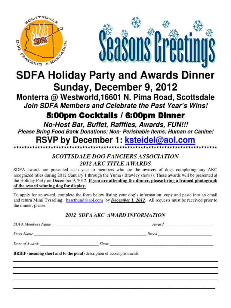 SDFA Holiday Party and Awards Dinner: Sunday, December 9, 2012 | PDF ...