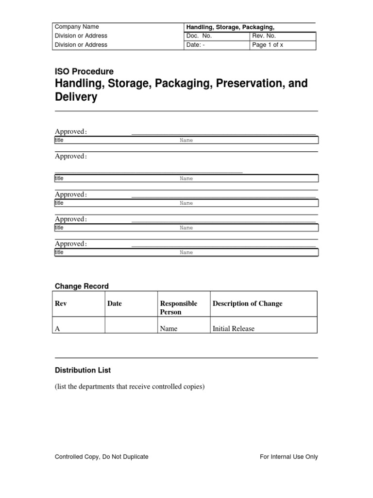 Handling, Storage, Packaging, Preservation, and Delivery ISO Procedure