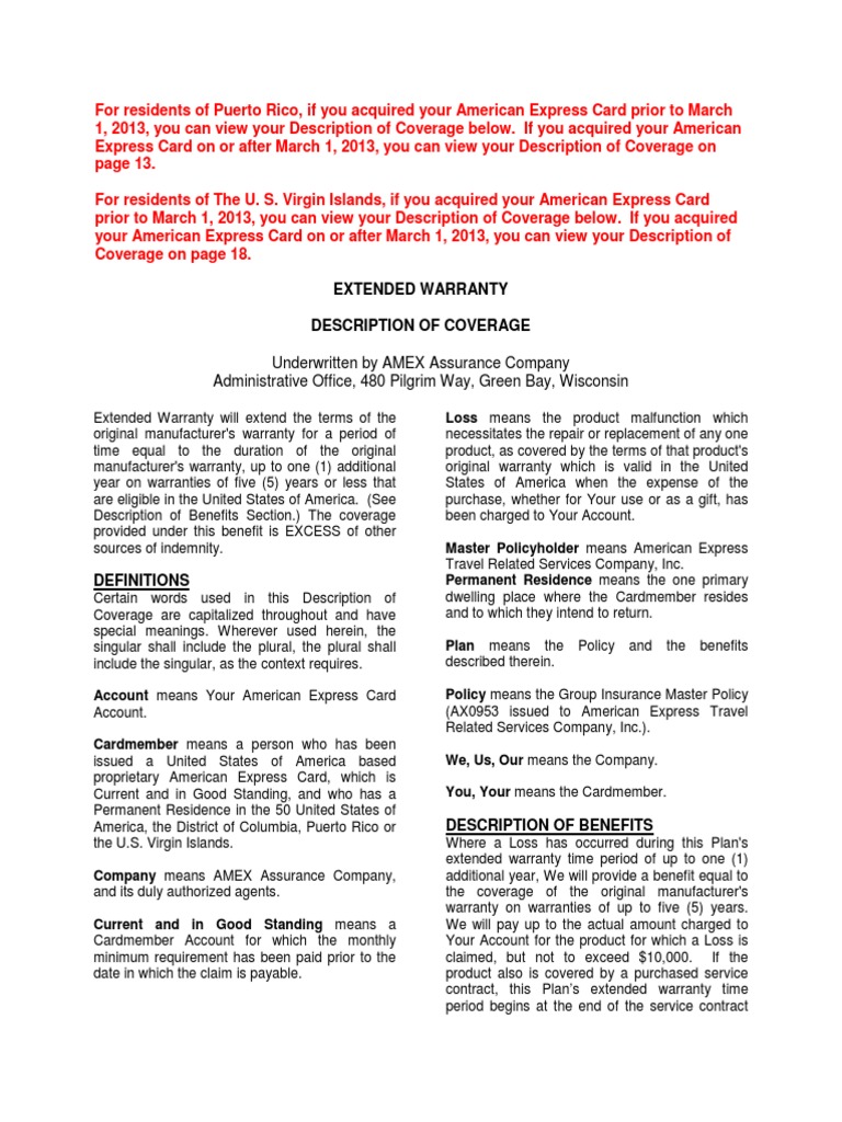 Amex Extended Warranty PDF Subrogation Misrepresentation