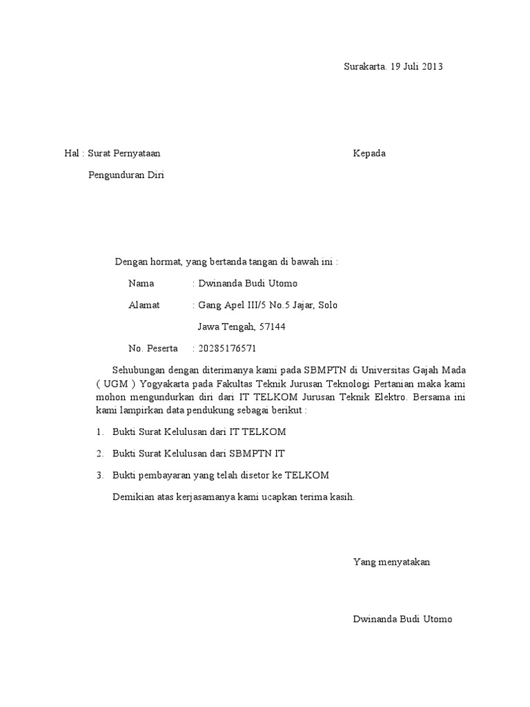 Surat Pernyataan Pengunduran Diri