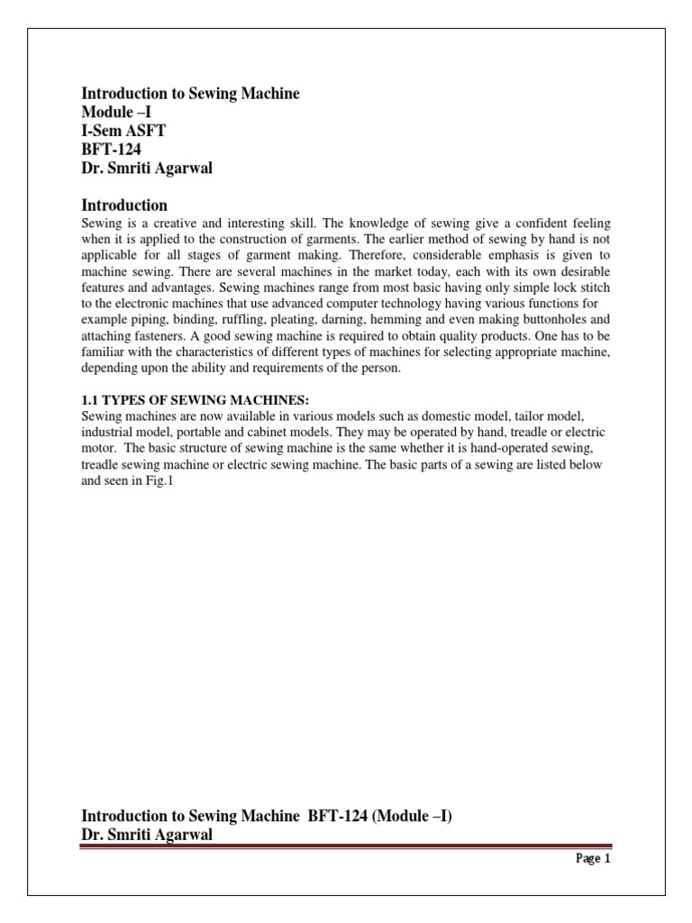 Module - I Introduction To Sewing Machine | Download Free PDF | Sewing ...