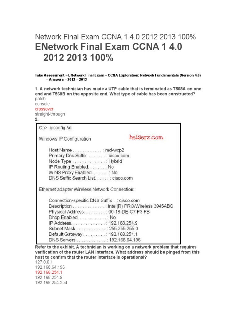Network Final Exam Ccna 1 4 Pdf Transmission Control Protocol