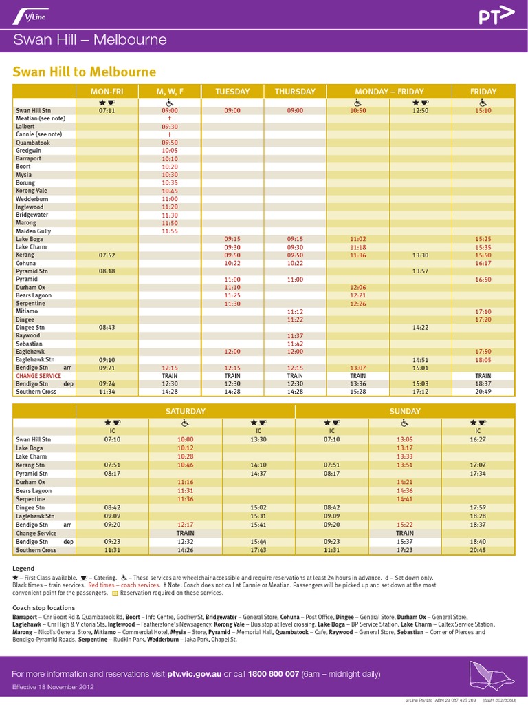 VLINE Timetable Swanhill to Melbourne Transport Service Industries