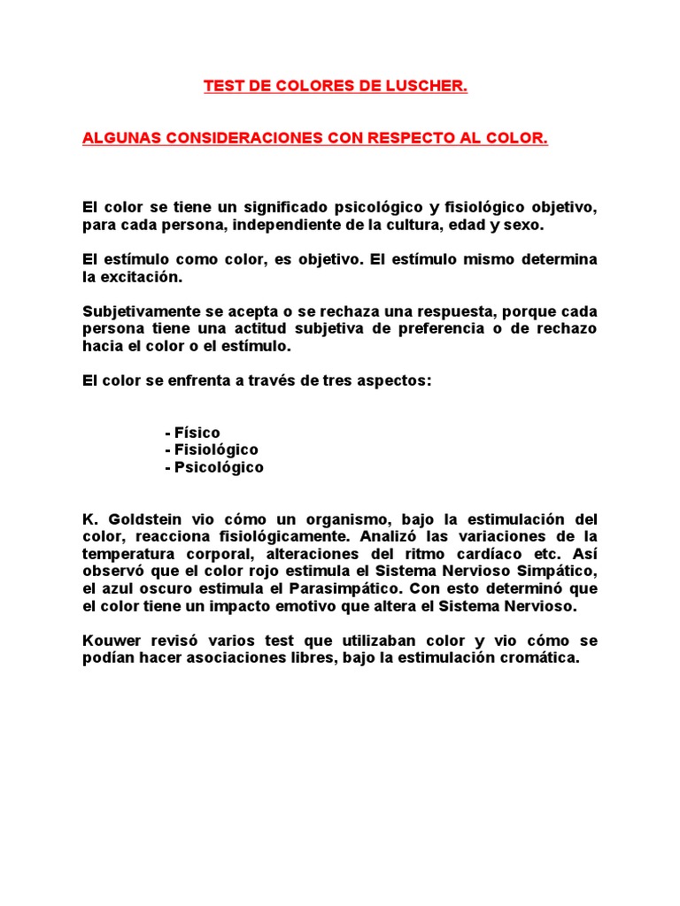 Test de Colores de Lüscher: Interpretación | PDF | Azul | Color