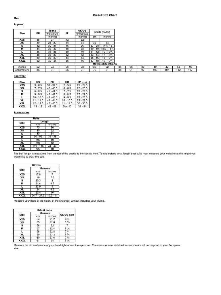 Diesel Mens Size Chart