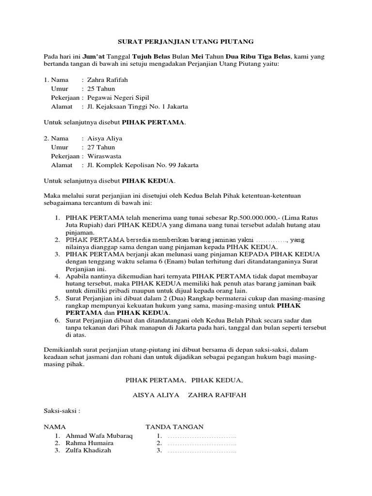 Surat Perjanjian Utang Piutang Pdf