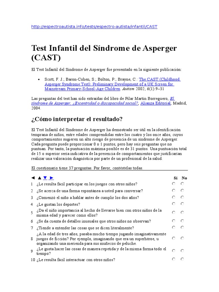 Test Infantil Del Síndrome de Asperger (CAST) | PDF | Síndrome de ...