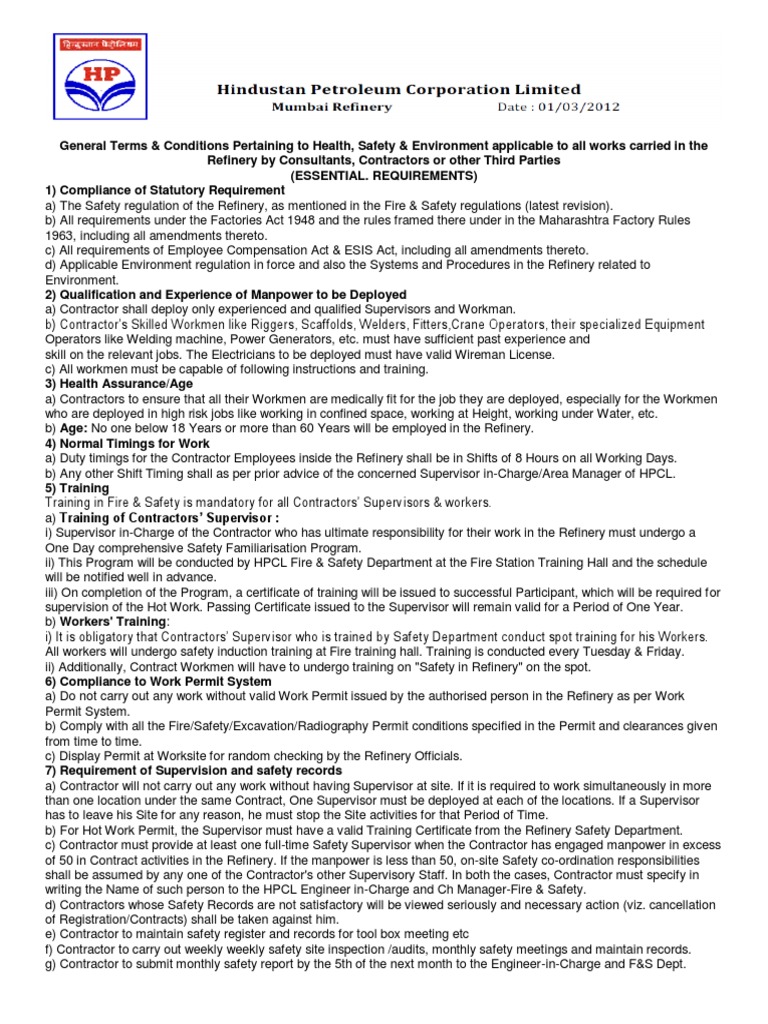 HPCL Contractor Safety Regulations | PDF | Personal Protective ...