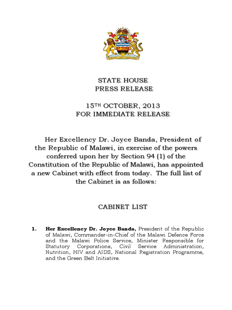 Malawi Government Cabinet List Malawi Government
