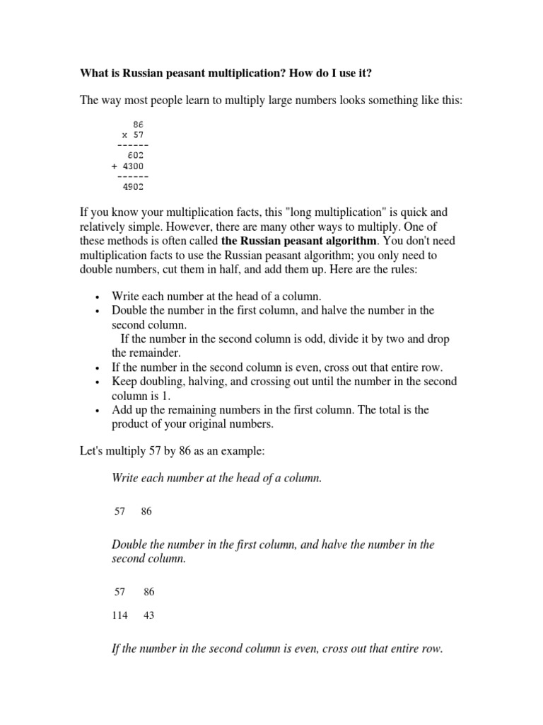 Russian Peasant Multiplication Method | PDF | Multiplication | Numbers