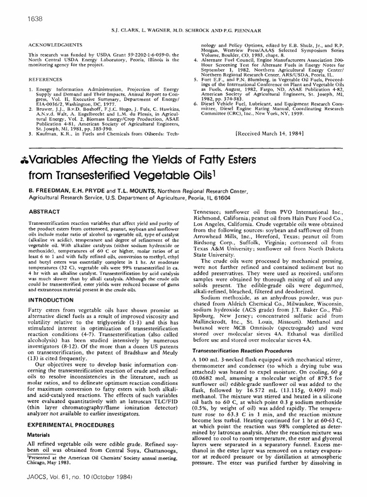 1984 Variables Affecting The Yield Fatty Ester From Transesterified ...
