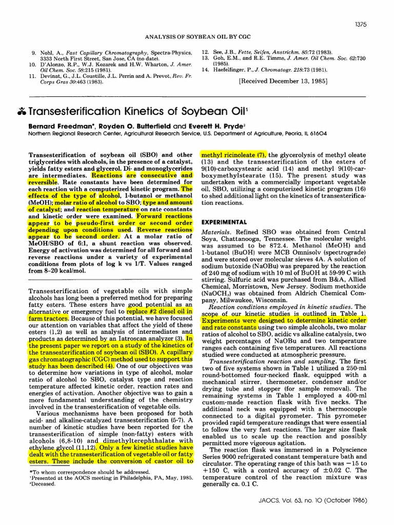 1986 Transesterification Kinetics of Soybean Oil | PDF | Chemical ...