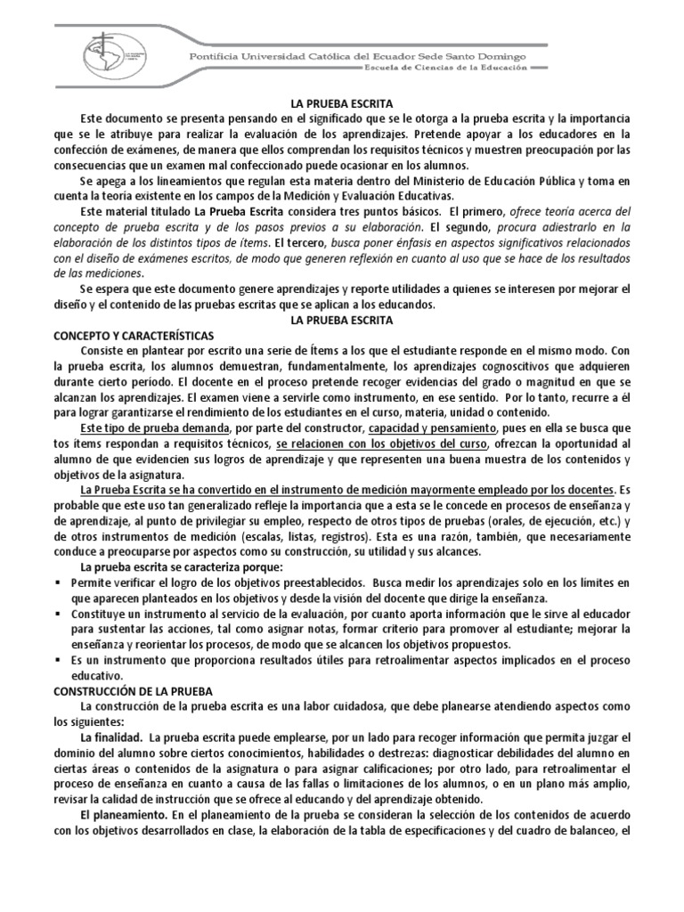 La Prueba Escrita Pdf Prueba Evaluación Evaluación