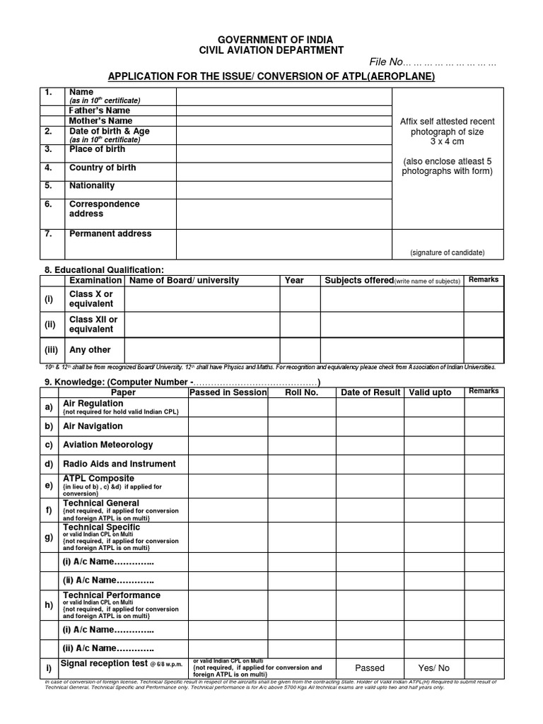 ATPL Application Form for India | PDF | Passport | Test (Assessment)