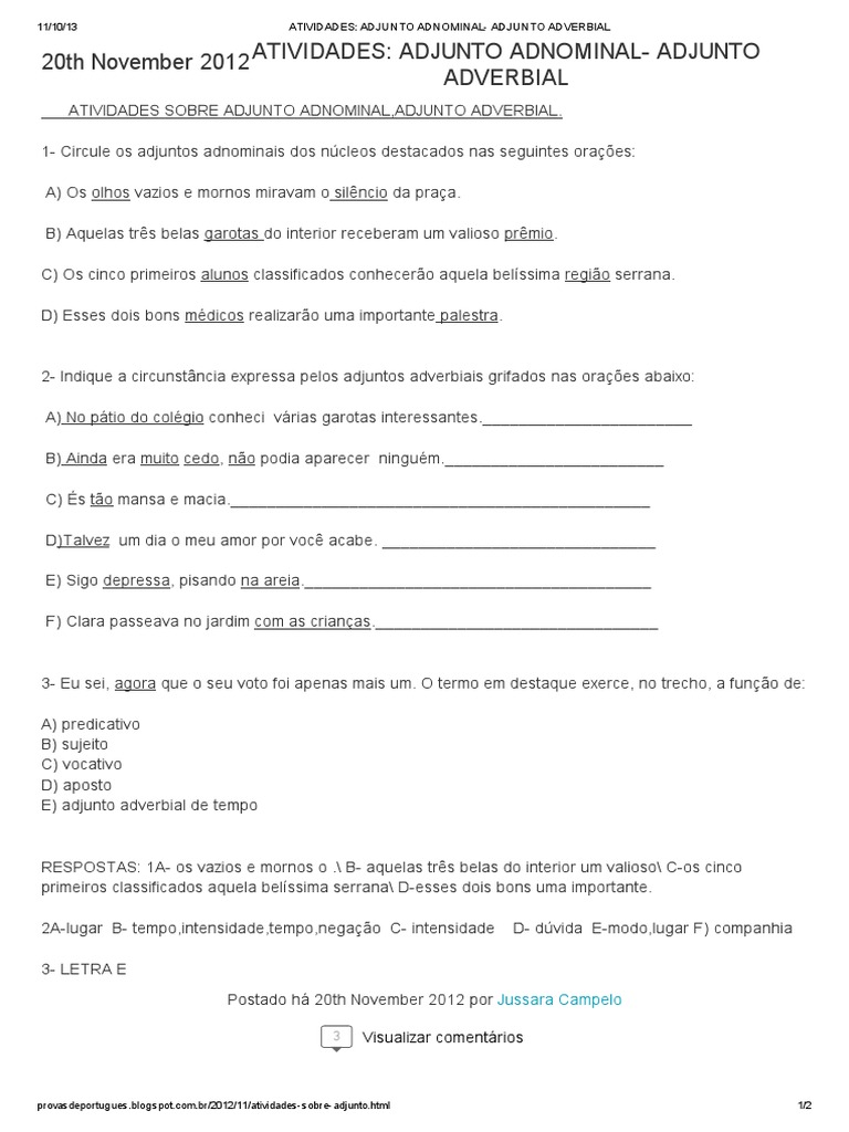 Atividades sobre Adjuntos Adnominais e Adverbiais | PDF