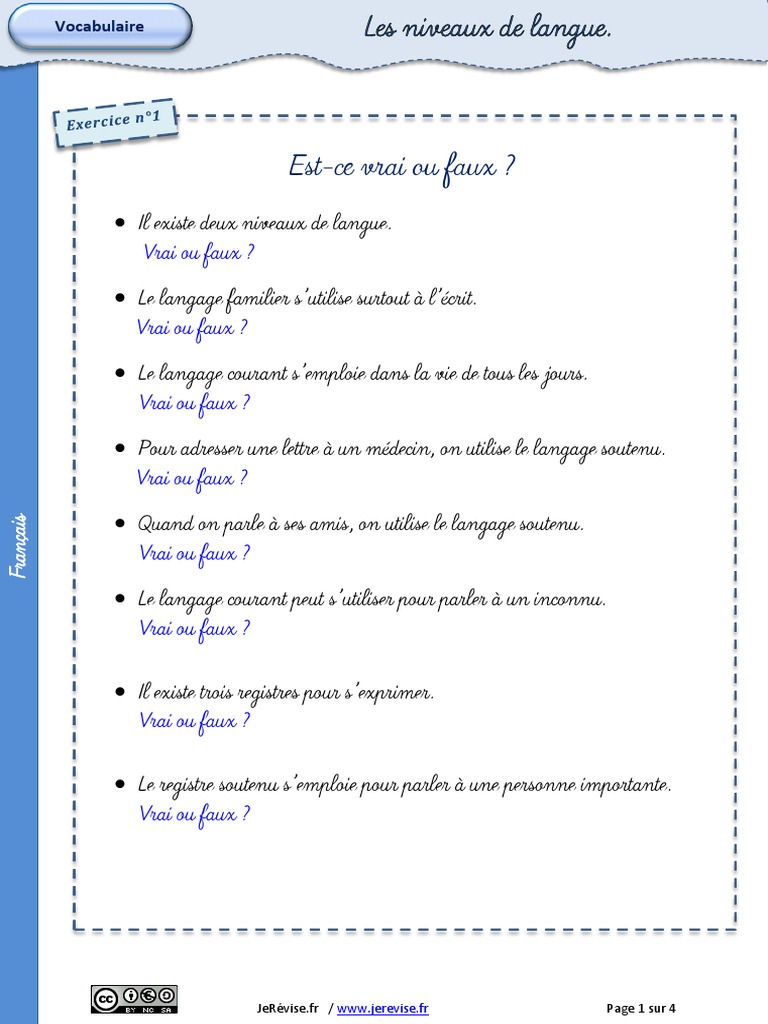 Les Niveaux De Langue Exercices Pdf Ce2 niveaux-langue-registres-exercices.pdf | Communication humaine | Symboles