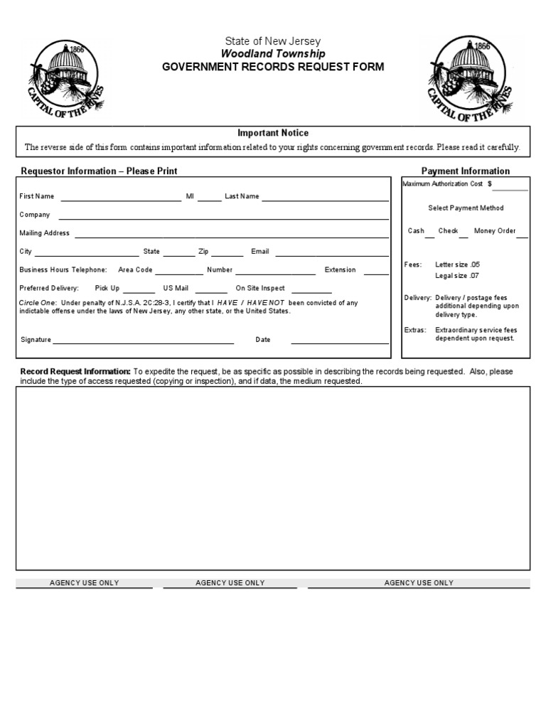 Woodland Township OPRA Request Form PDF Cheque Mail