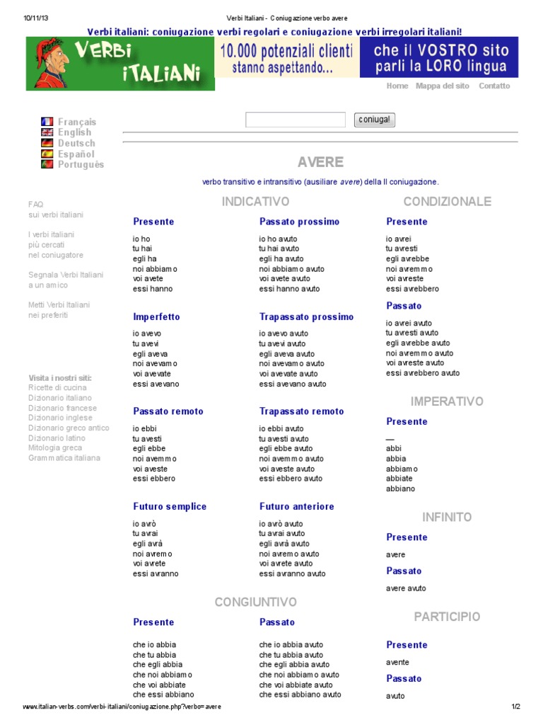 verbi italiani coniugazione verbo avere pdf