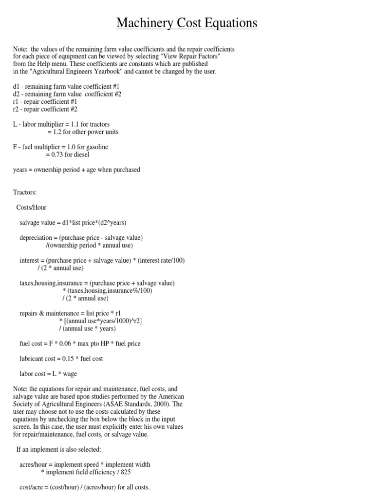 Machinery Cost Equations | PDF | Tractor | Depreciation