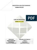 Modelo de CAPA - Lista de Exercícios - ADM 2013.2