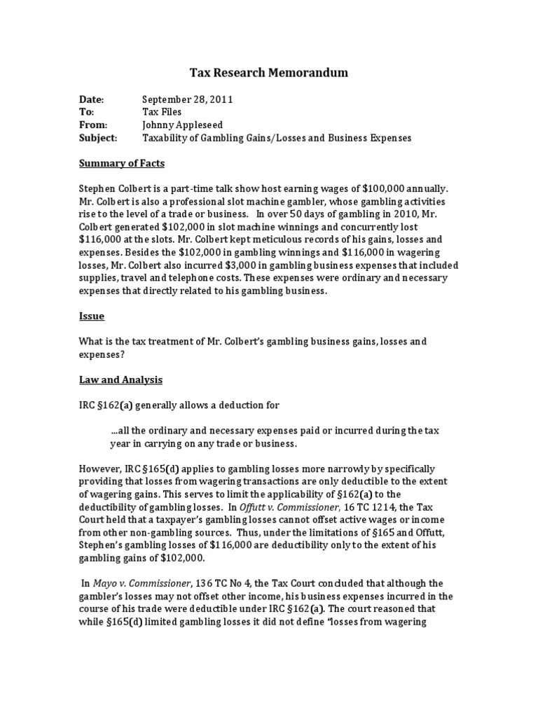 Tax Research Memo Example Pdf Gambling Expense