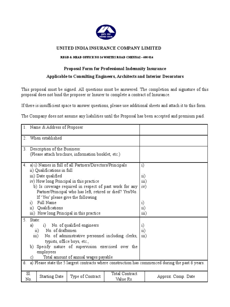 Professional Indemnity Insurance Proposal | PDF | Insurance | Indemnity