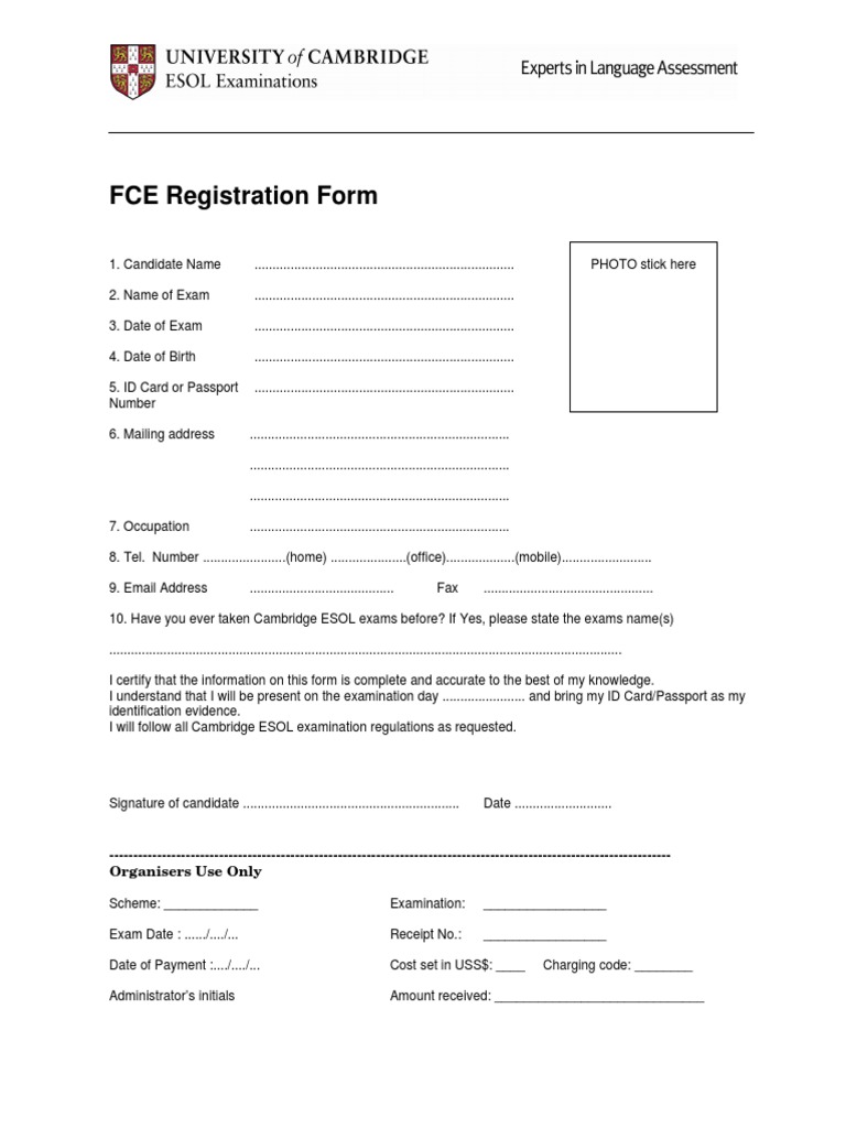 FCE Exam Registration Form | PDF | Career & Growth