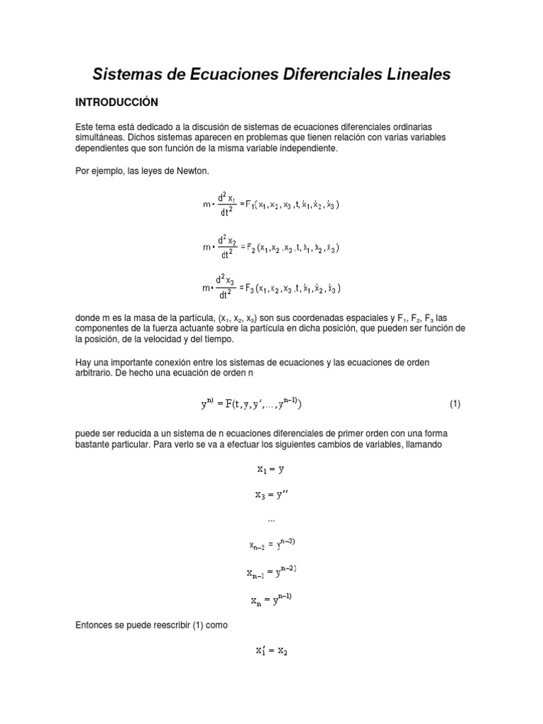 Sistemas de Ecuaciones Diferenciales Lineales PDF Ecuaciones diferenciales Ecuación