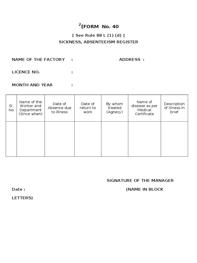 Form 40: Sickness Register Template | PDF