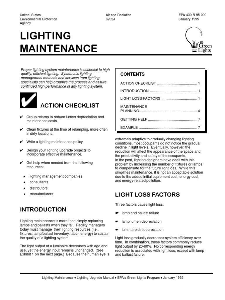 Lighting Maintenance Action Checklist Fluorescent Lamp Lighting