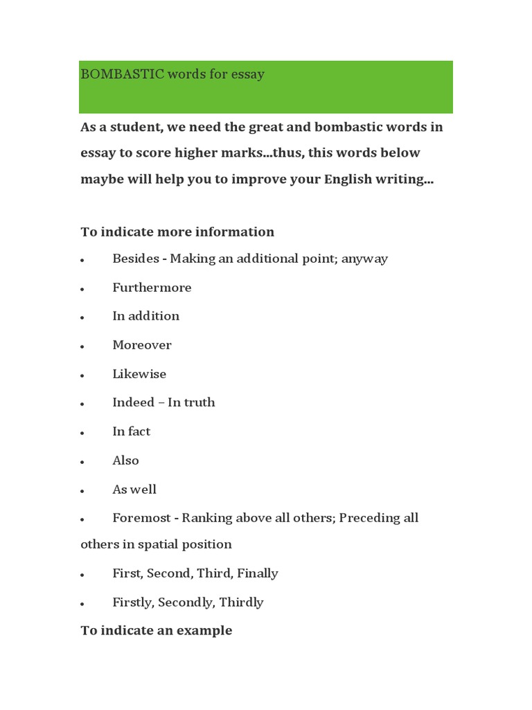 Bombastic Words for Essay Writing | PDF | Emotions | Reason