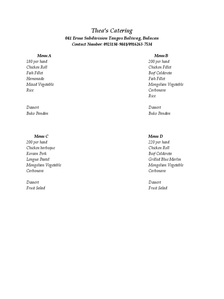 Thea's Catering Menu Options | PDF