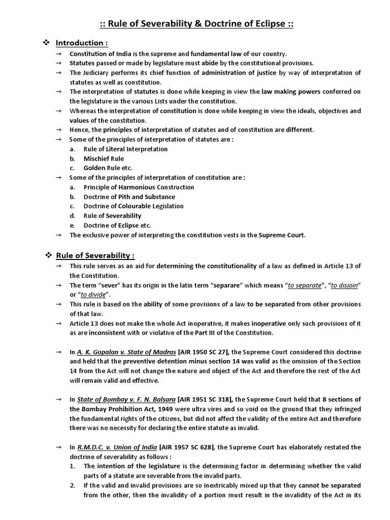 Severability & Eclipse in Indian Law | PDF | Supreme Courts | Constitution